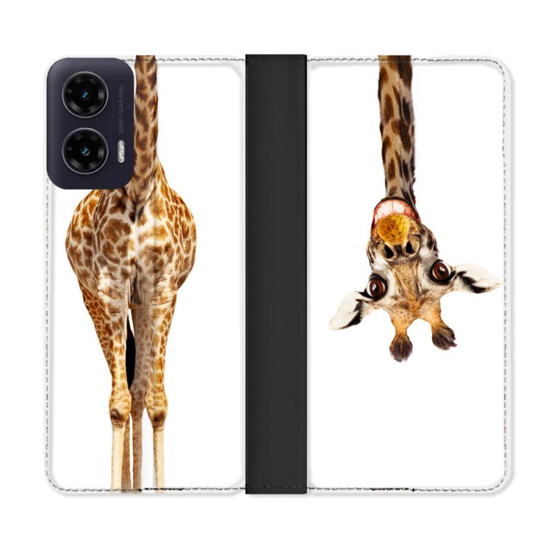 Housse cuir portefeuille Pour Motorola G35 5G Animal Girafe Blanche