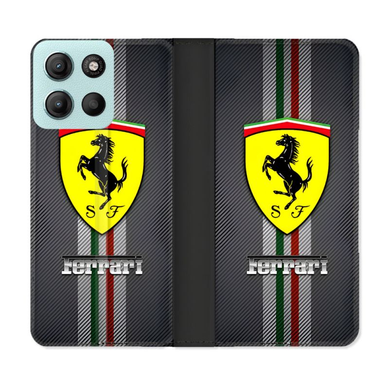 Housse cuir portefeuille Pour Motorola G15 Ferrari Carbone