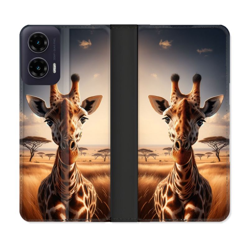 Housse cuir portefeuille Pour Motorola G35 5G Animal Girafe Savane