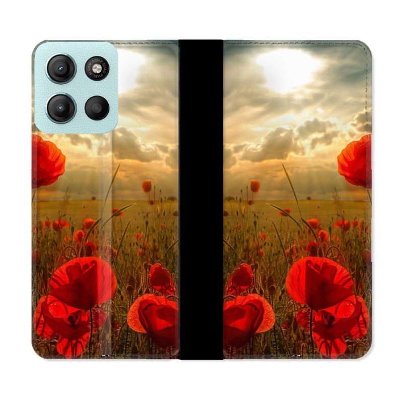 Housse cuir portefeuille Pour Motorola G15 Fleur Coquelicot
