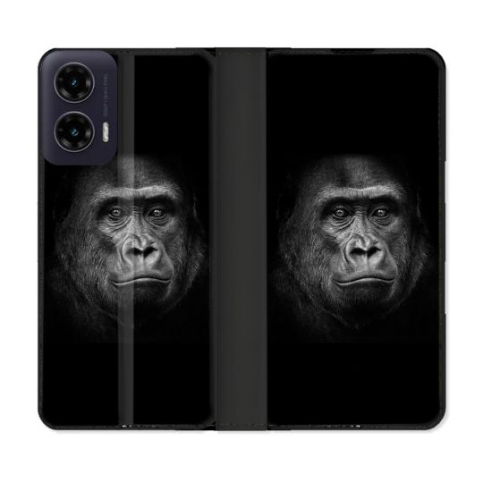 Housse cuir portefeuille Pour Motorola G35 5G Animal Gorille Noir