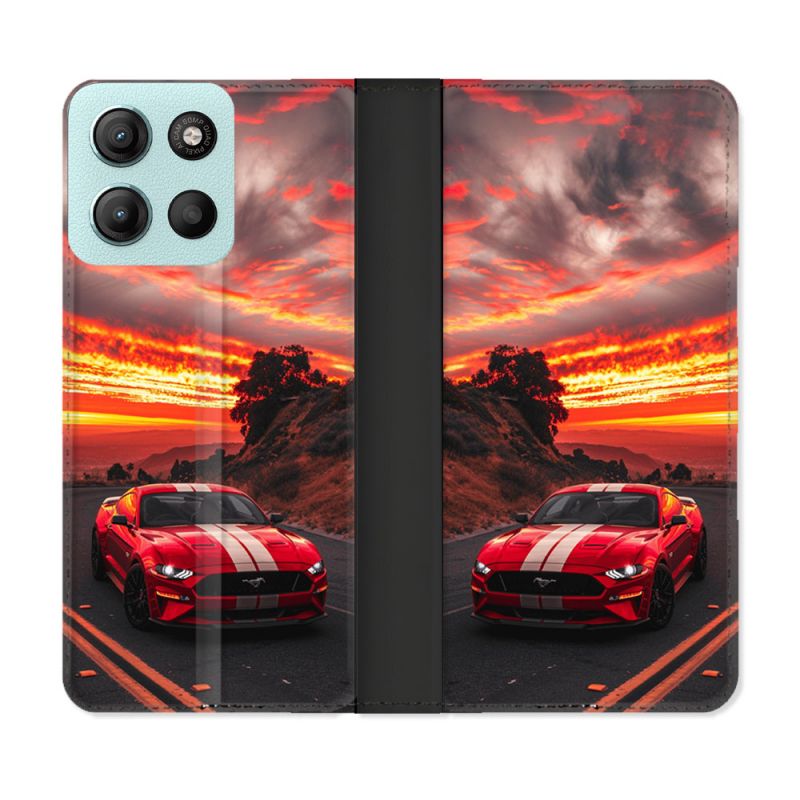 Housse cuir portefeuille Pour Motorola G15 Ford Mustang GT500 Rouge