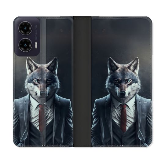 Housse cuir portefeuille Pour Motorola G35 5G Animal Loup Business