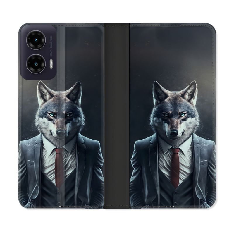 Housse cuir portefeuille Pour Motorola G35 5G Animal Loup Business