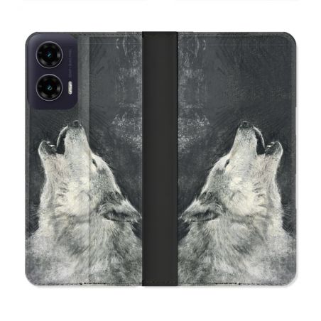 Housse cuir portefeuille Pour Motorola G35 5G Animal Loup Hurlement