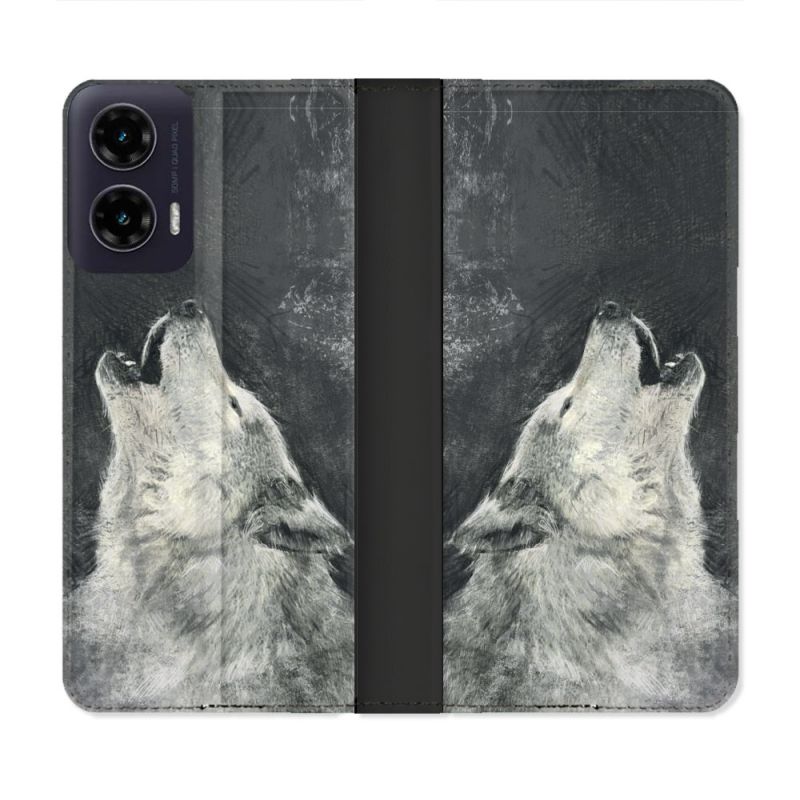 Housse cuir portefeuille Pour Motorola G35 5G Animal Loup Hurlement