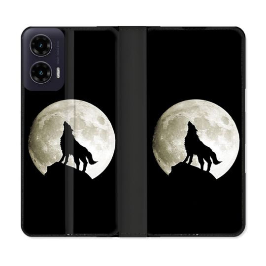 Housse cuir portefeuille Pour Motorola G35 5G Animal Loup Noir