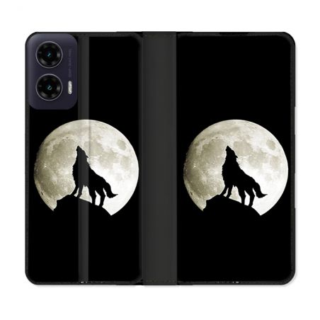 Housse cuir portefeuille Pour Motorola G35 5G Animal Loup Noir