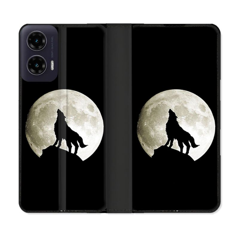 Housse cuir portefeuille Pour Motorola G35 5G Animal Loup Noir