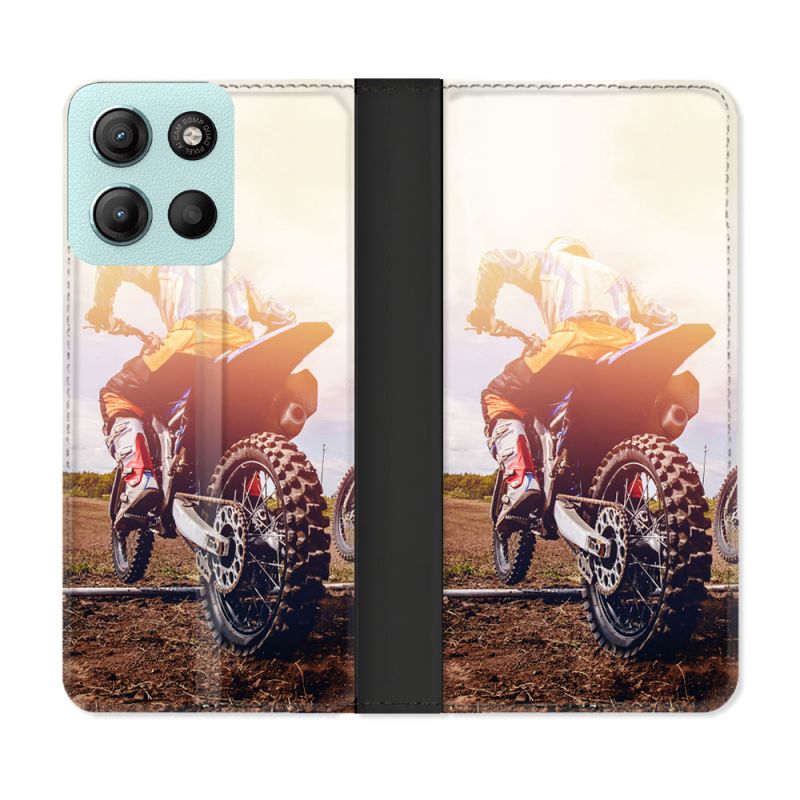 Housse cuir portefeuille Pour Motorola G15 Moto Cross Soleil