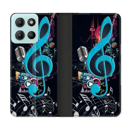 Housse cuir portefeuille Pour Motorola G15 Musique Cle Sol Bleu