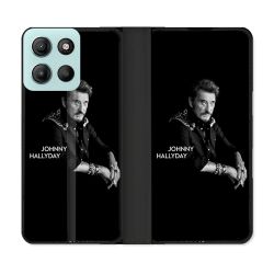 Housse cuir portefeuille Pour Motorola G15 Musique Johnny Hallyday Noir