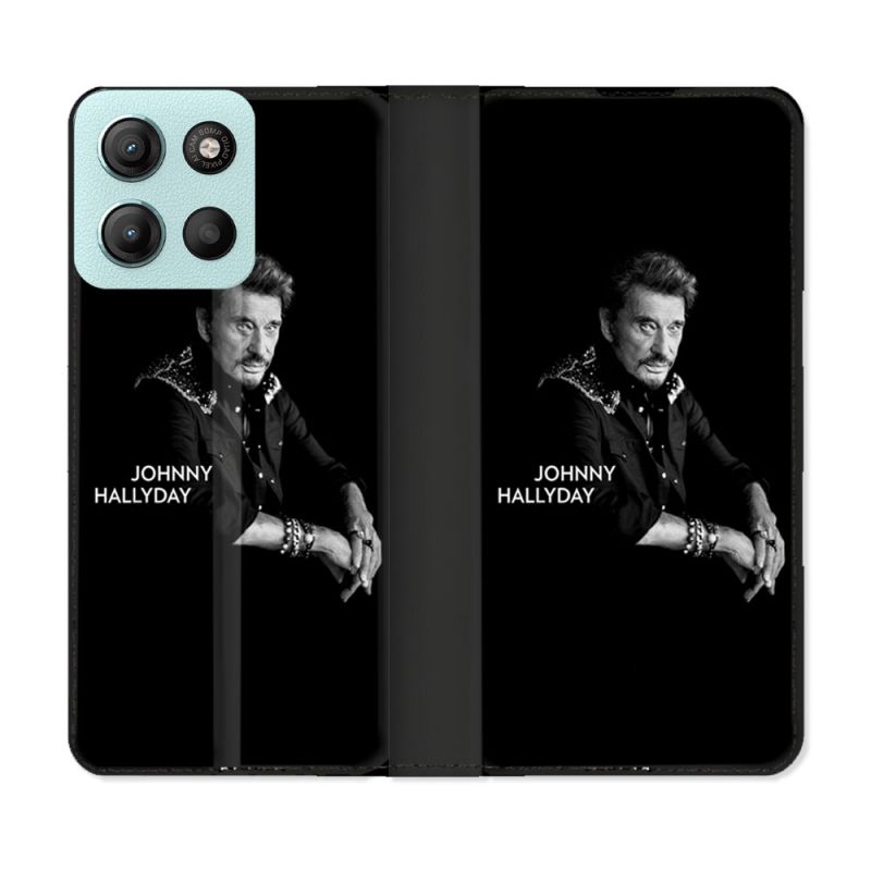 Housse cuir portefeuille Pour Motorola G15 Musique Johnny Hallyday Noir