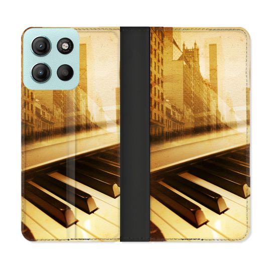 Housse cuir portefeuille Pour Motorola G15 Musique Piano Retro