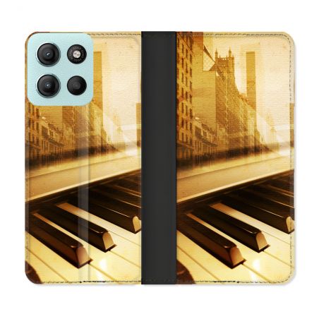 Housse cuir portefeuille Pour Motorola G15 Musique Piano Retro
