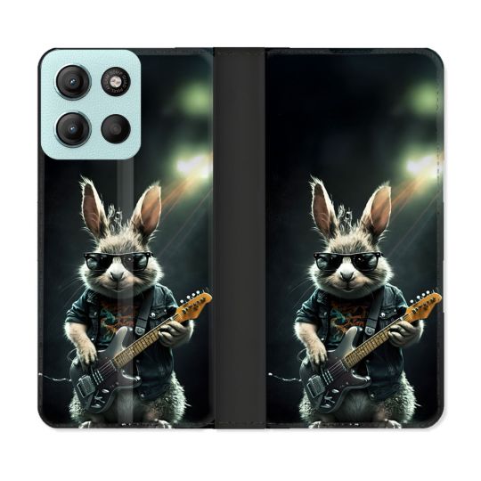 Housse cuir portefeuille Pour Motorola G15 Musique Rock Lapin