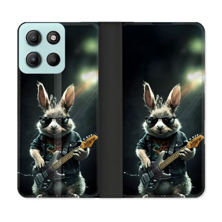 Housse cuir portefeuille Pour Motorola G15 Musique Rock Lapin