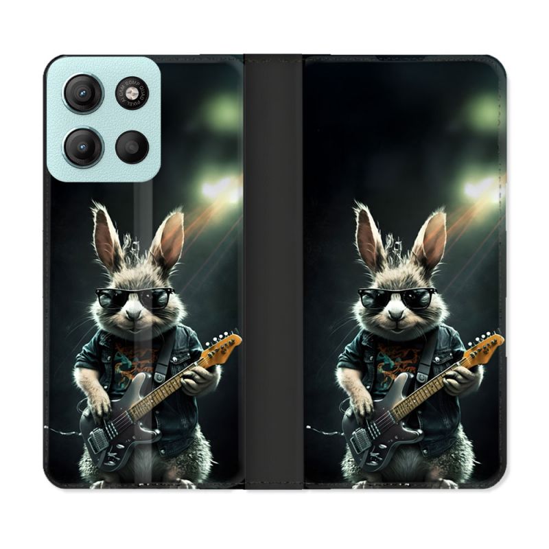 Housse cuir portefeuille Pour Motorola G15 Musique Rock Lapin