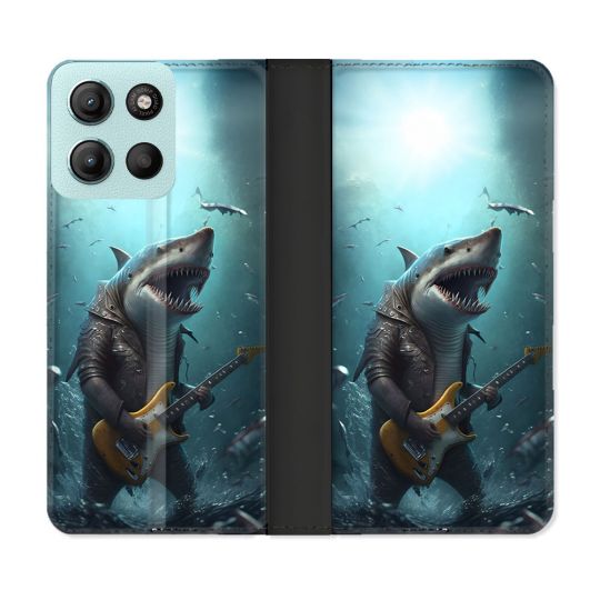 Housse cuir portefeuille Pour Motorola G15 Musique Rock Requin