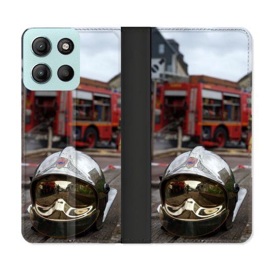 Housse cuir portefeuille Pour Motorola G15 Pompier Casque Camion