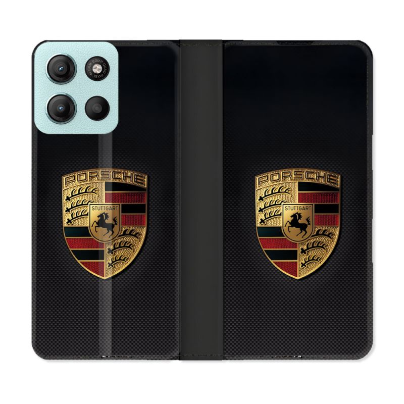Housse cuir portefeuille Pour Motorola G15 Porsche Carbone