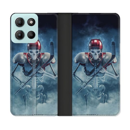 Housse cuir portefeuille Pour Motorola G15 Sport Hockey Squelette