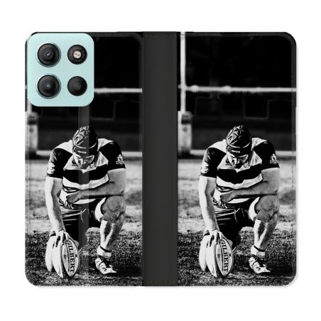 Housse cuir portefeuille Pour Motorola G15 Sport Rugby Noir Blanc