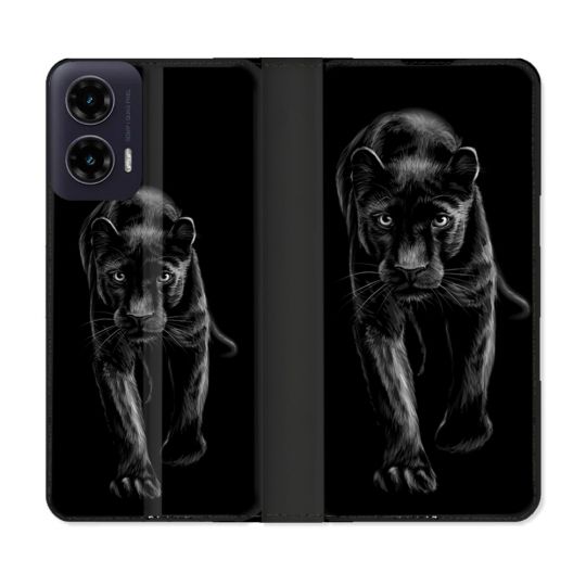 Housse cuir portefeuille Pour Motorola G35 5G Animal Panthère Noire
