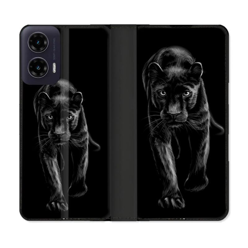 Housse cuir portefeuille Pour Motorola G35 5G Animal Panthère Noire