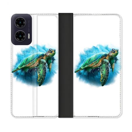 Housse cuir portefeuille Pour Motorola G35 5G Animal Tortue Blanche multicolore