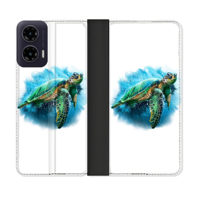 Housse cuir portefeuille Pour Motorola G35 5G Animal Tortue Blanche multicolore