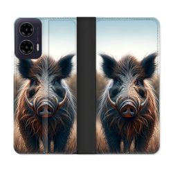 Housse cuir portefeuille Pour Motorola G35 5G Chasse Sanglier Attaque