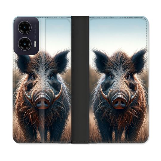 Housse cuir portefeuille Pour Motorola G35 5G Chasse Sanglier Attaque