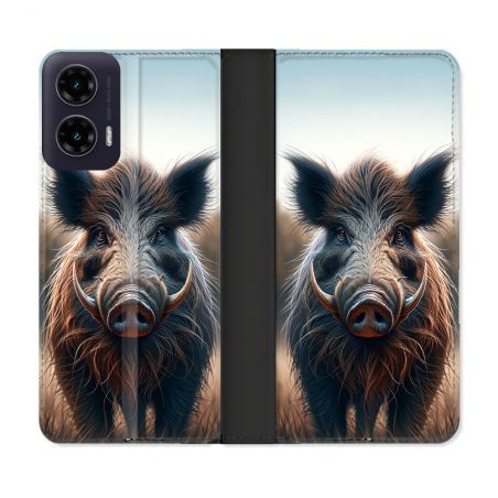 Housse cuir portefeuille Pour Motorola G35 5G Chasse Sanglier Attaque