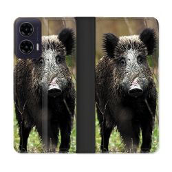 Housse cuir portefeuille Pour Motorola G35 5G Chasse Sanglier bois