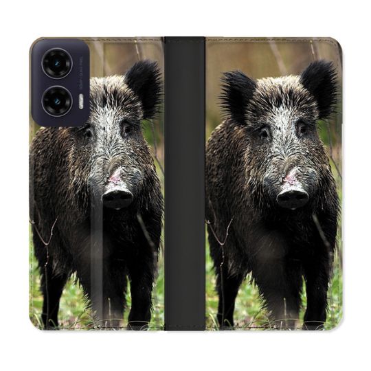 Housse cuir portefeuille Pour Motorola G35 5G Chasse Sanglier bois