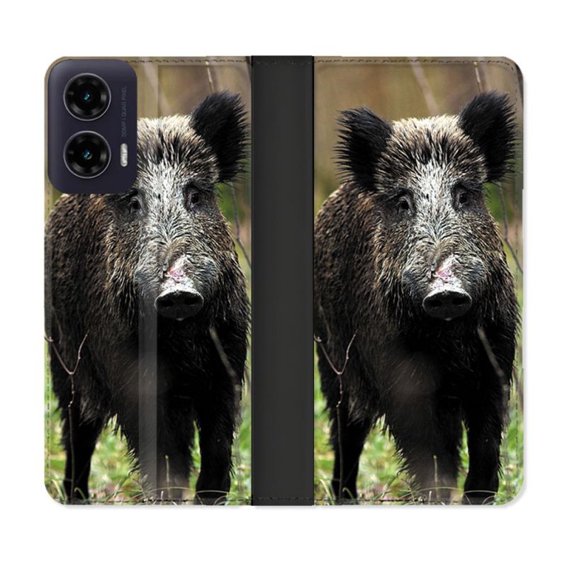 Housse cuir portefeuille Pour Motorola G35 5G Chasse Sanglier bois