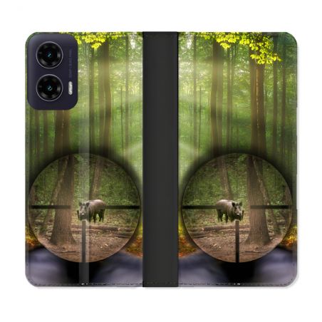 Housse cuir portefeuille Pour Motorola G35 5G Chasse Sanglier Viseur