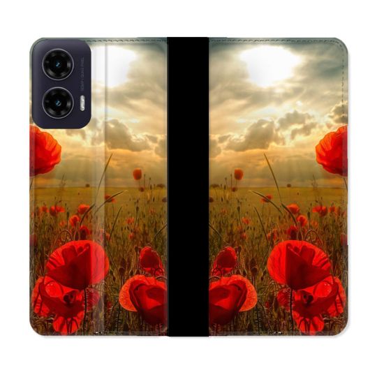 Housse cuir portefeuille Pour Motorola G35 5G Fleur Coquelicot