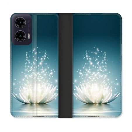 Housse cuir portefeuille Pour Motorola G35 5G Fleur Lotus Blanc