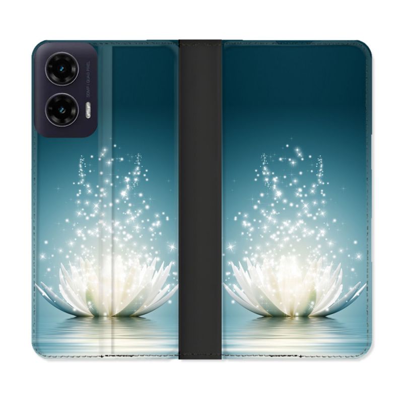 Housse cuir portefeuille Pour Motorola G35 5G Fleur Lotus Blanc
