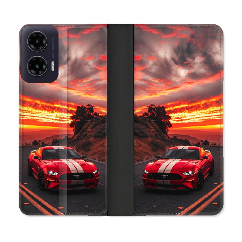 Housse cuir portefeuille Pour Motorola G35 5G Ford Mustang GT500 Rouge