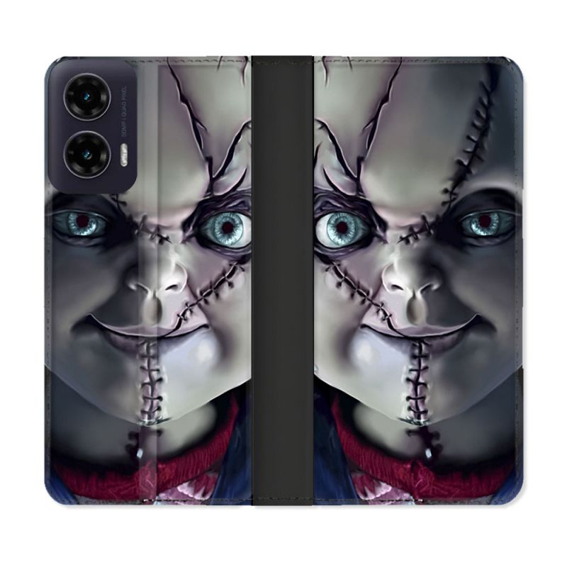 Housse cuir portefeuille Pour Motorola G35 5G Horreur Chucky Cicatrice