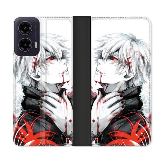 Housse cuir portefeuille Pour Motorola G35 5G Manga Tokyo Ghoul Kaneki Blanc