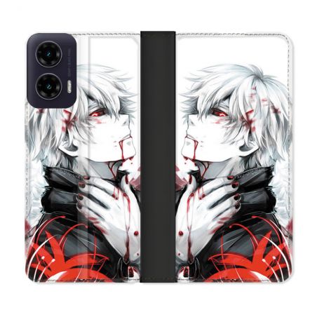 Housse cuir portefeuille Pour Motorola G35 5G Manga Tokyo Ghoul Kaneki Blanc