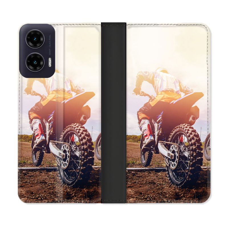 Housse cuir portefeuille Pour Motorola G35 5G Moto Cross Soleil