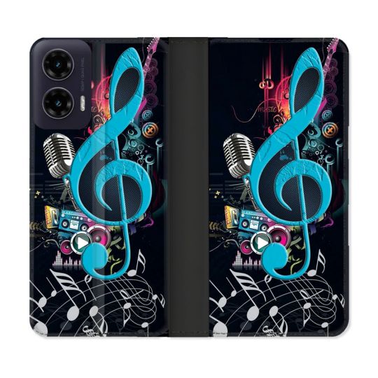 Housse cuir portefeuille Pour Motorola G35 5G Musique Cle Sol Bleu