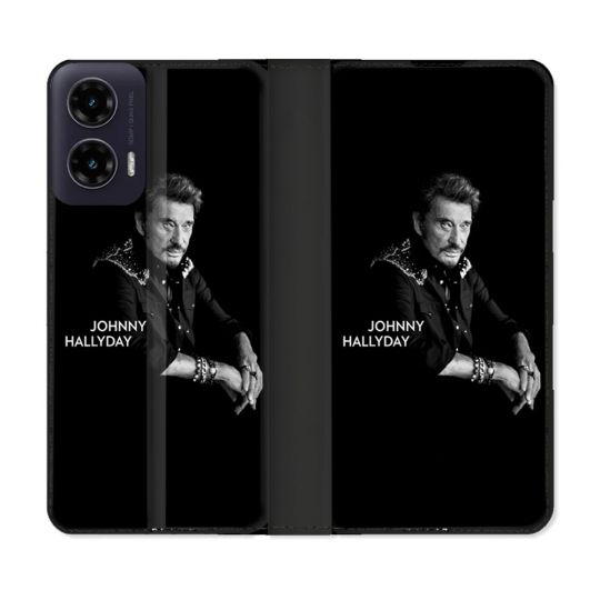 Housse cuir portefeuille Pour Motorola G35 5G Musique Johnny Hallyday Noir