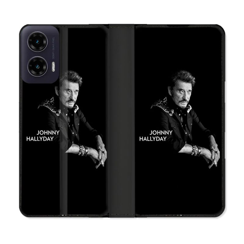 Housse cuir portefeuille Pour Motorola G35 5G Musique Johnny Hallyday Noir