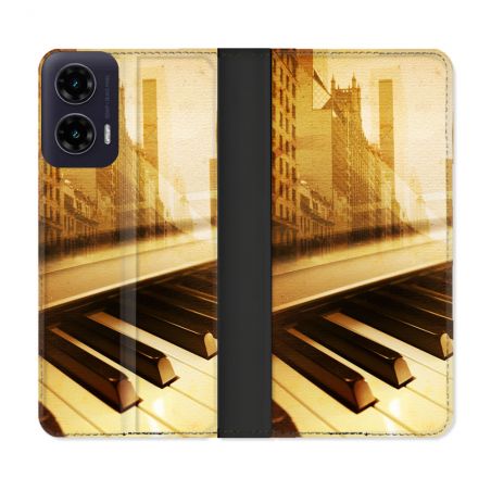 Housse cuir portefeuille Pour Motorola G35 5G Musique Piano Retro